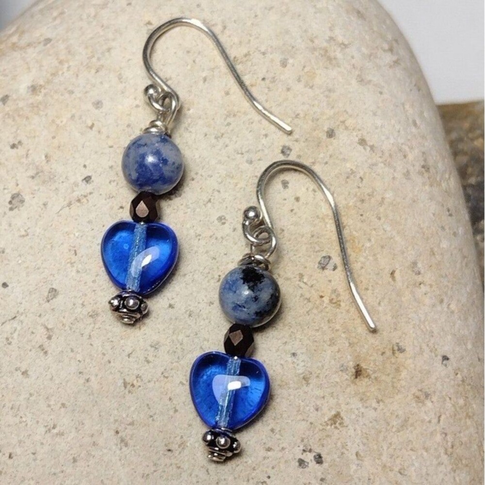 Bali Sterling Silver 925 Sodalite Blue Glass Heart Dangle Earrings